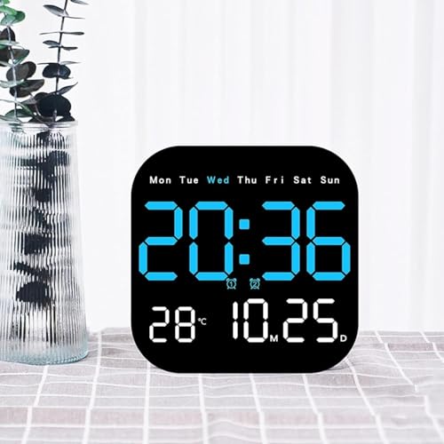 Image of 15-Inch Digital Wall Clock with Large LED Display - Remote Control, Auto-Dimming, Night Light, Date, Day, Temperature, DST Function - Ideal for Living Room, Bedroom (Square 9 inch Blue)