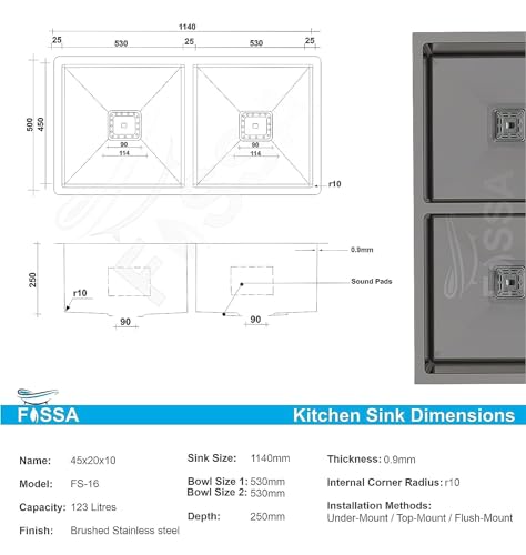 Image of Fossa 45x20x10 Inch 𝟓-𝐘𝐄𝐀𝐑 𝐖𝐀𝐑𝐑𝐀𝐍𝐓𝐘 Double Bowl Kitchen Sink | Premium Stainless Steel Sink with Waste Coupling, PVC Waste Pipe & Fruit Basket | Modern Kitchens Black(Matte finish)