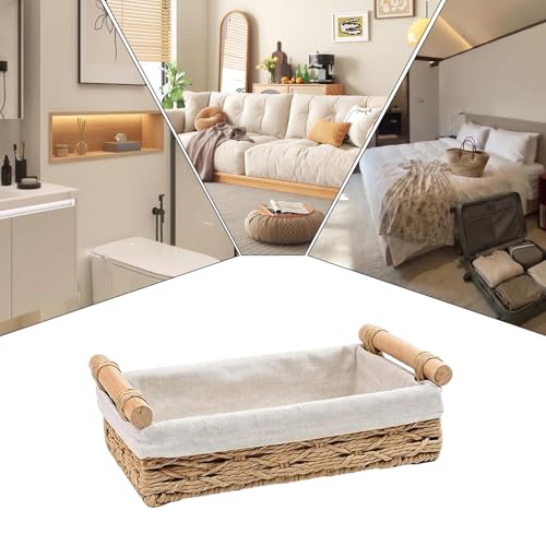 Panier de rangement en osier anti-rayures pour table basse avec doublure textile protectrice