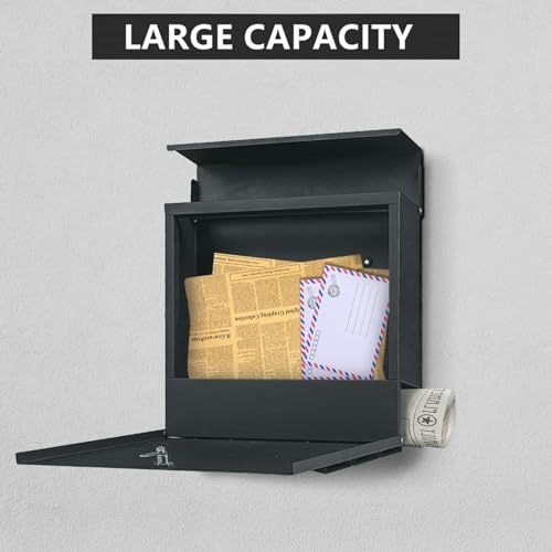 Image of Wall-Mount Mailbox with Lock and Keys, Drop Box for House Outside, Locking Security, Rust-Proof Mail Box with Newspaper Compartment, 14.57 x 14.57 x 4.33 Inch, Dark Grey, MD021 X-Large