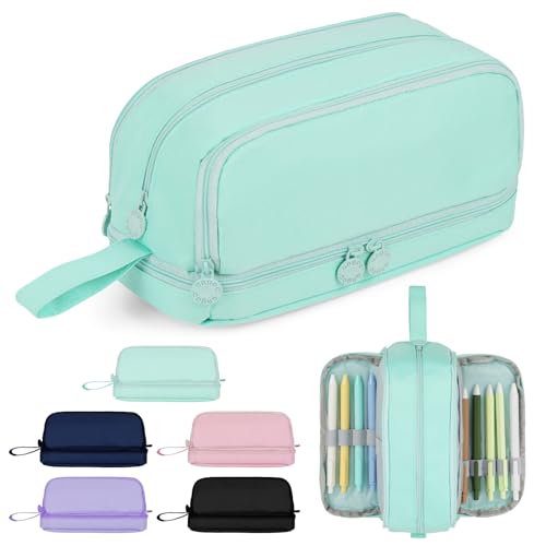 AOOSU Estojo escolar grande com 4 compartimentos, estojo de grande capacidade bolsa de lápis expansível, estojo organizador de papelaria para meninas, crianças, adolescentes, mulheres, homens, verde