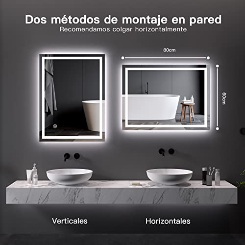 Dripex-Espejo-de-Bano-con-Luz-LED-60-x-80-cm-Tactil-Antivaho-Luz-Blanca-Fria-6400K-Espejo-de-Bano-Pared-con-Iluminacion