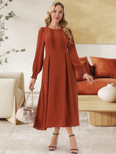 Image of Seta T Women's Fall Dress Frilled Long Sleeve A-Line Casual Midi Dresses | Crewneck, Smocked Cuff, Front Pleated, Pockets, Flowy and Lightweight, Party Elegant Outfit 2026