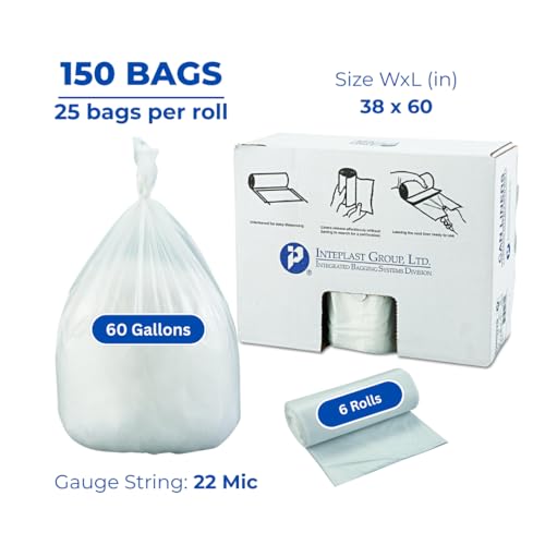 Image of Inteplast Group S386022N 60 Gallon Capacity, 60 inch Length x 38 inch Width x 22 Mic Thickness, Natural Color, HDPE Commercial Coreless Institutional Trash Can Liner (Case of 6 Roll, 25 Bags per Roll)