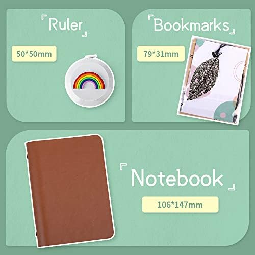Office Supplies Combo - 12x 0.4mm Tips Fineliner Color Pens, 1x Leather Notebook, 1x Hollow Metal Leaf Bookmark, 10x Sticky Stickers, 1x Ruler, 1x Gift Box