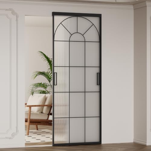 Image of Opening Size 26 inch -30 inch x 72-85 inch H Fluted Glass Barn Door, Concealed Sliding Barn Door with Soft Close, Waterproof Modern Sliding Door for Bathroom /Kitchen Privacy, 5 /16 inch(8mm) Tempered Glass,