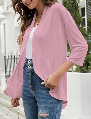 Image of Yekaty Women Cardigan 3 /4 Sleeves Open Front Lightweight Cardigan Draped Ruffles Knit Cardigan