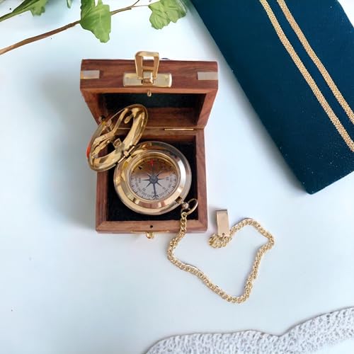 Brújula Vintage de Latón con Reloj Solar y Caja de Madera miniatura 4