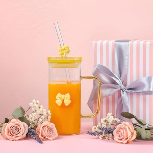 Image of FUNKYFINDS Cute Yellow Bow Square Glass Cup 400 ml with Handle, Lid & Bow Straw Cute Korean Style Cup for Milk, Juice, Coffee & Smoothies Coquette Bows Birthday Gifts for Girls Women (Set of 1)