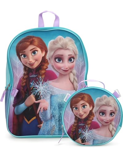 Fast Forward Disney Frozen Conjunto de mochila e lancheira para meninas – 2 peças, mochila escolar de 38 cm com conjunto de lancheira removível, tamanho único, almoço redondo Frozen