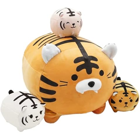 Shownicer Plush Pillow, Cute Tiger Plushies Mommy with 3 Baby, Soft Toy, Stuffed Animals, Cuddly Toy, Fluffy Tiger Doll, Cuddle Cushion for Sofa Bed Home Decor, Hugging Pillow Gift for Kids Girls Boys Cover
