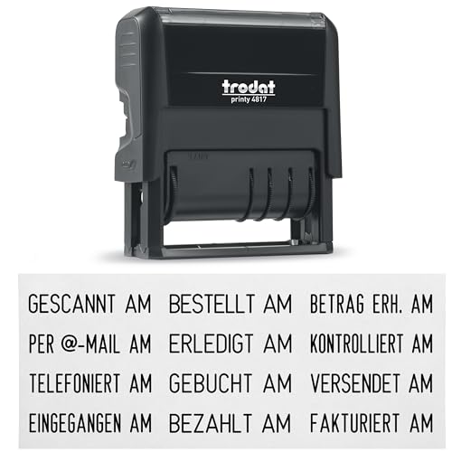 Trodat Printy 4.0 4817 Datumstempel mit Wortband Deutsch Schwarz 12 Office-Texte zum Drehen Abdruck 47x4 mm Stempelkissen schwarz selbstfärbend