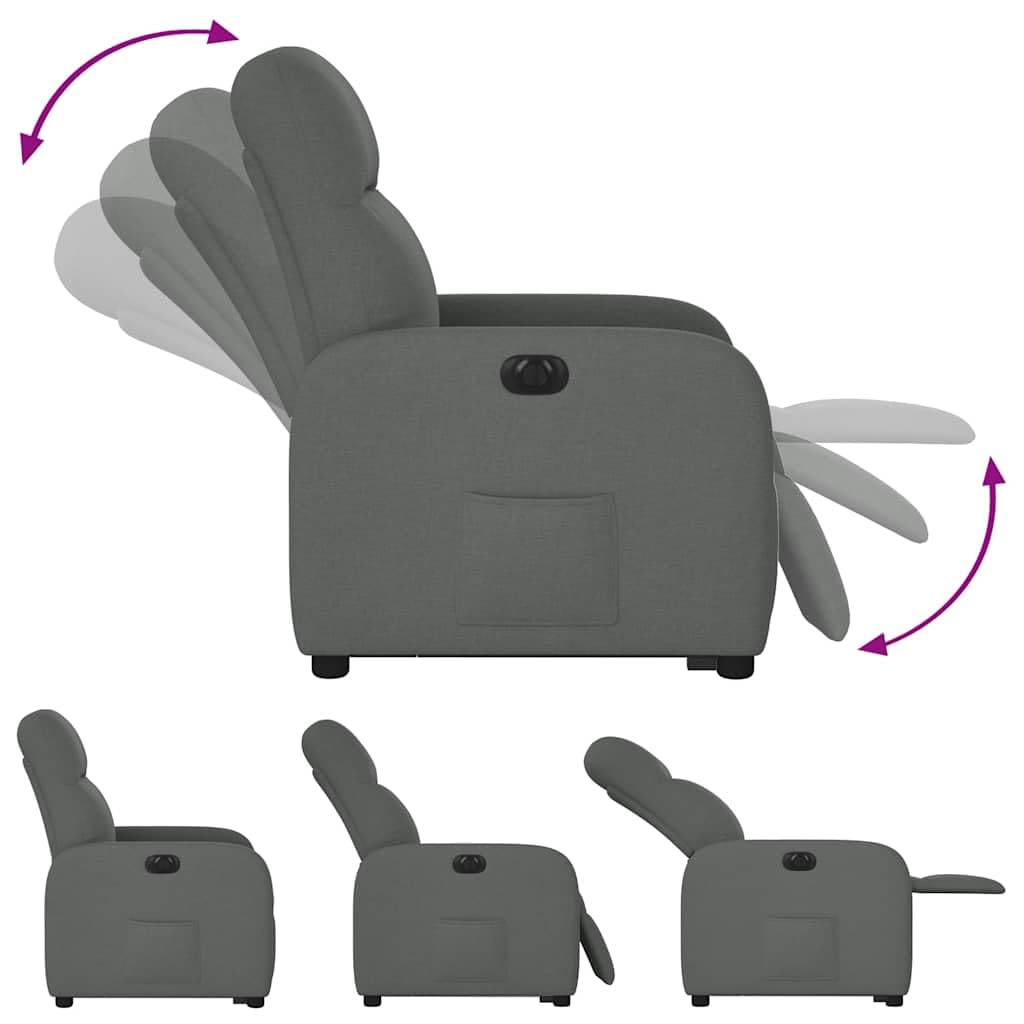 Sillón elevador reclinable eléctrico gris oscuro tejido con motor para elevación e inclinación 135 grados, estructura estable y bolsillo lateral, asiento acolchado