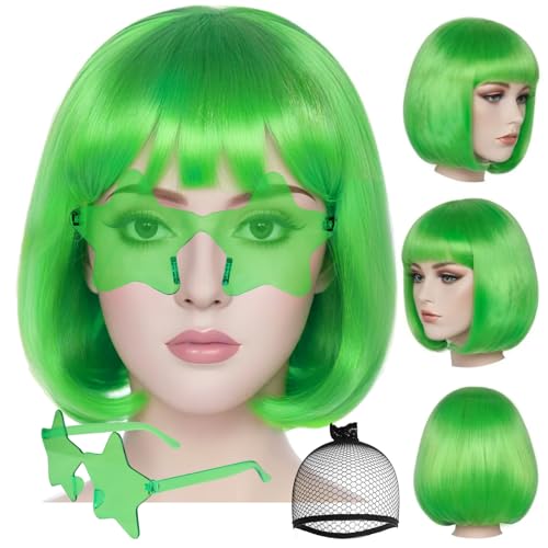 Image of ANOGOL Green Bob Wig with Bangs Green Wigs for Women Colored Wigs Party | Hair Cap+ Sunglasses Short Neon Wig for Bachelorette Party Funny Outfit for Women Halloween Christmas Costume St Patrick Day