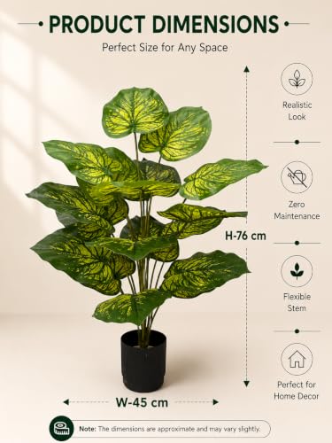Image of Cocco.BUA Artificial Plant with Black Pot, 18 Leaves, 76 CM (2.5 Feet) (Dieffenbachia Leaf Plant)