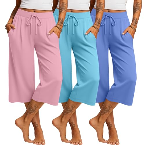 Locoowai 3 Pack Women's Capri Pants Wide Leg, 3-Color, XX-Large by Locoowai - Used condition - US$42.05