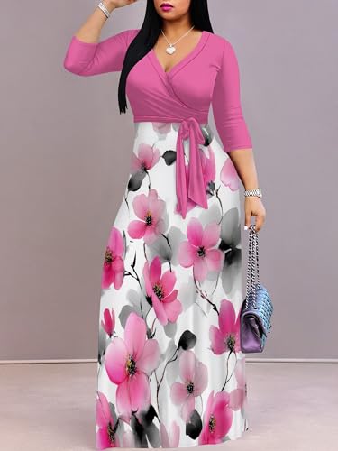 Image of SUZONANA Plus Size Dresses for Women Floral Print Maxi Dress Flowy 3 /4 Sleeve with Belt