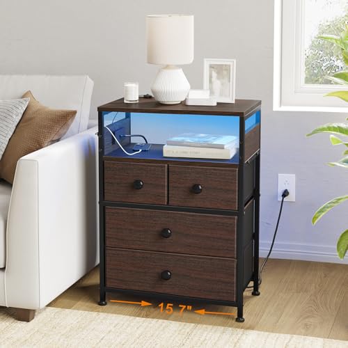 Image of REAHOME Nightstand with Charging Station and LED Light, Tall Brown Night Stand with 4 Drawers and 2-Tier Shelf, Modern End Table with Wooden Top for Bedroom, Living Room, Hallway - Rustic Brown