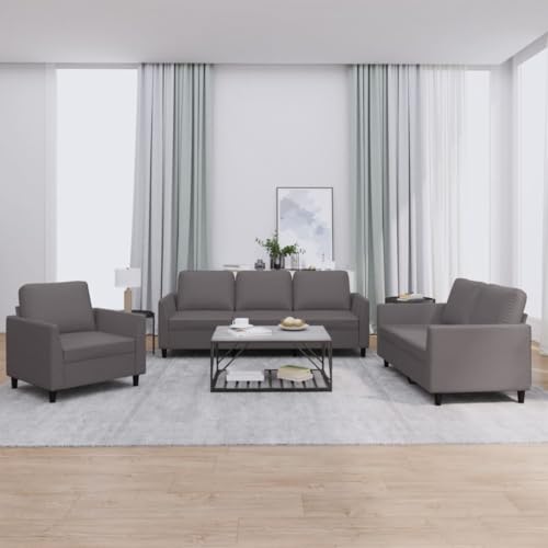Kaloriko 3-TLG - Juego de sofá de piel sintética gris con 6 cojines, 3 plazas, 2 plazas y sillones, tapizado estable para salón, ahorra espacio, cómodo, duradero y fácil de limpiar
