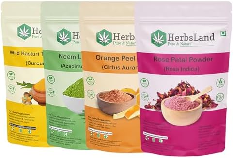 HerbsLand® 100% Pure Organic Wild Kasturi Turmeric, Neem Leaf, Orange Peel & Rose Petal Powder (100gm Each) (400 gm)