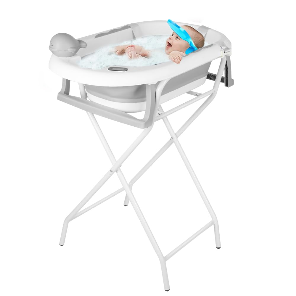 Bañera para bebés con soporte ergonómico para bebés con soporte de cierre compacto, organizador para padres, hasta 10 kg, Style 5, 81,5 x 48 x 21 cm, gris