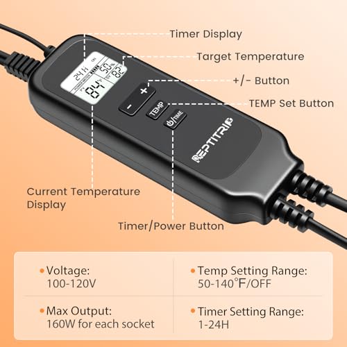 Image of Dual Reptile Light Fixture with Timer & PID Dimming Thermostat, Day-Night Heat & Light Cycle, Heat Lamp for Bearded Dragons Terrariums, Max 160W Per Socket (No Bulbs)