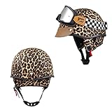 Motorcycle Half Helmet, DOT Approved Fashion Style Open Face Helmet, Leopard Print Four Seasons for Chopper ATV Motorbike Scooter Moped Cruiser Leather Helmet for Adults Unisex -A-L（59-60cm）