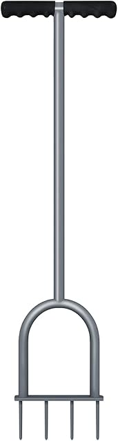 Walensee Lawn Spike Aerator, T-Handle, Manual Dethatching and Soil Aerating Tool with Four Iron Spikes, 35.5 Inches, Grey