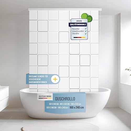 Rapid Teck Halb-Kassetten Duschrollo 160 cm x 240 cm in verschiedenen Designs - Duschvorhang mit Seilzug – moderner Badewannenvorhang – platzsparendes Duschvorhang Rollo