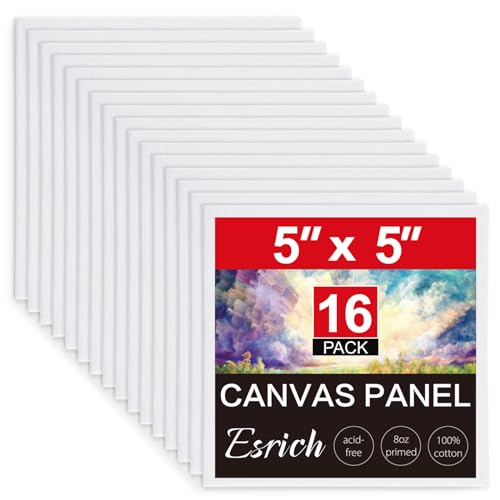ESRICH Canvas Boards for Painting, 16 Pack Canvases 5x5 100% Cotton Small Paint Canvas Primed Acid Free Mini Blank Canvas Panels for Oil, Watercolor, Acrylic, Gouache & Tempera