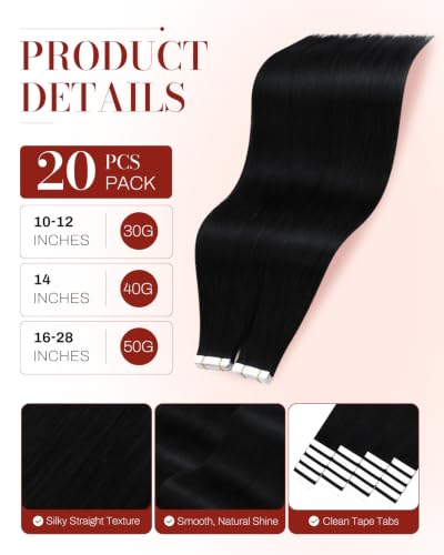 Image of Moresoo Jet Black Tape Hair Extensions Real Human Hair, 28 Inch, 20Pcs, 50g | Seamless tape in hair extensions human hair, ultra-long straight strands, added length for ponytails and event styling