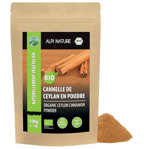 Alpi Nature Cannelle de Ceylan BIO en Poudre 500g, Bâtons de Cannelle Moulus pour la Pâtisserie et la Cuisine