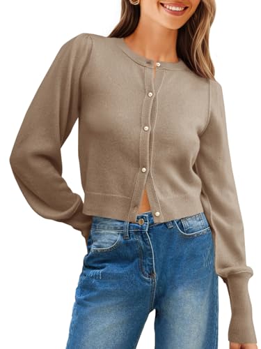 Womens Cropped Cardigan Sweater Crew Neck Button Up