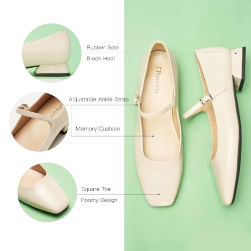 C.Paravano Women's Mary Jane Flats Adjustable Strap & Square Toe | Memory Foam Comfort | Perfect for Office, Weddings, Travel(Ivory,8)4
