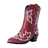 Xbemkste Bottines de cowboy pour femme avec talon - Bottes western avec bout en dentelle et broderies - Bottines vintage mi-tige pour femme, Bordeaux, 39 EU