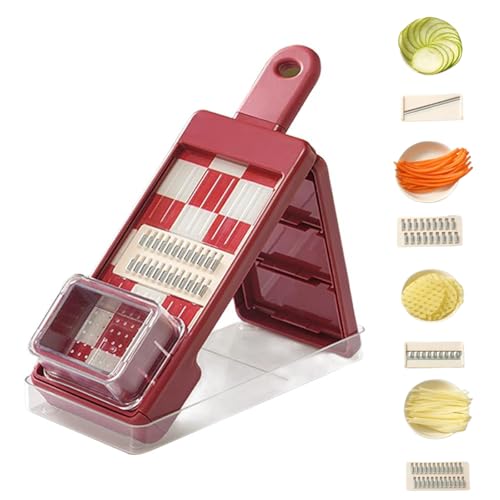 Cortador de mandolina con contenedor, cortador manual de mandolina de mano con espiralizador de verduras 4 en 1 para ajo, chile, carne, cortador de frutas, utensilios de cocina y regalos (rojo)