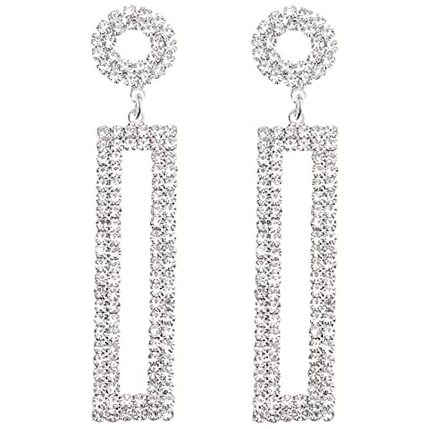 Legitta Rhinestone Long Drop Earrings Silver Cubic Zirconia Sparkly Statement Rectangle Dangle with Circle Studs for Women Wedding Jewelry Cover