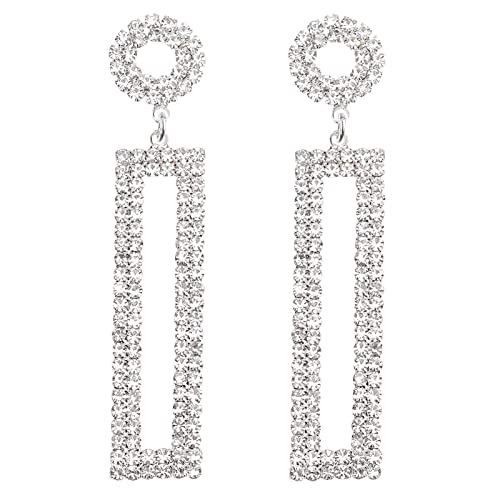Rhinestone Long Drop Earrings Statement Rectangle Dangle with Circle Studs Fashion Jewelry