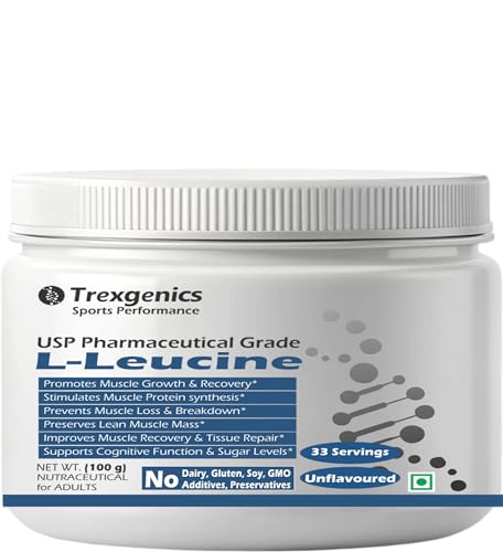Image of Trexgenics L-LEUCINE PHARMACEUTICAL USP grade 33 Servings, Unflavoured Pure Powder Recovery, Muscle Preservation, Muscle Growth (100 gram)