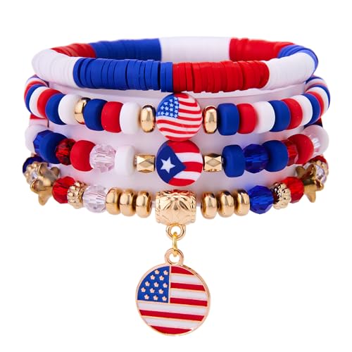 4th of July Accessories USA Patriotic Bracelets for Independence Day Red White and Blue American Flag Stretch Bracelets for Women Girls Boys