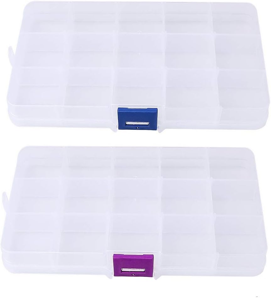SUMAJU 2 Pack 15 Grids Organizer Box, Plastic Jewelry Organizers with Adjustable Dividers Clear Storage Container for Beads Crafts Fishing Tackles