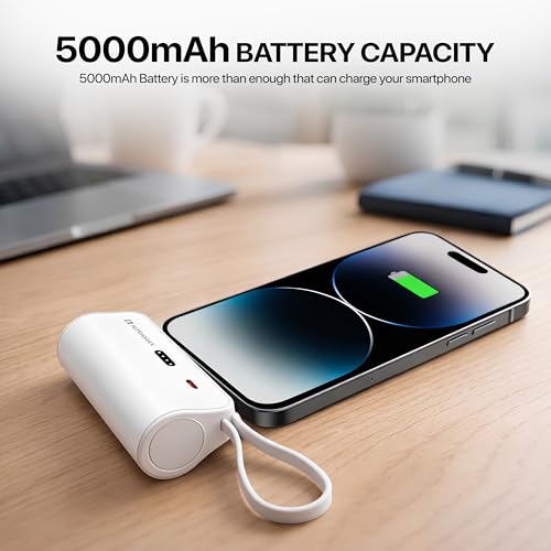 Image of Portable Power Bank 5000mAh with Built-in Type-C Cable, LED Battery Indicator, USB-C Input Port, White