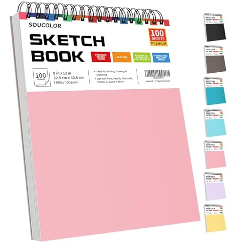 Soucolor Cute Sketch Book 9 x 12 for Teen Girls Sketchbook 100 Sheets Spiral Notebook Drawing Pad Pastel School Supplies for Artists Arts and Crafts Gifts Set for Kids Women
