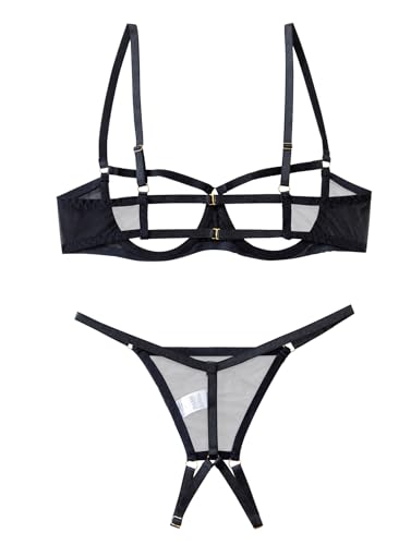 Image of Lilosy Sexy Underwire Floral Lace Sheer Lingerie Set for Women See Through Bra and Panty 2 Piece