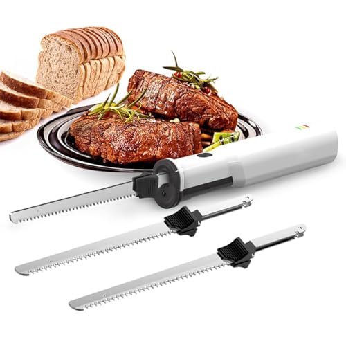 Cuchillo eléctrico inalámbrico para trinchar carne, corte sin esfuerzo con precisión, 2 cuchillas dentadas de acero inoxidable, ideal para carnes, aves y pan, liberación de gatillo de bloqueo de