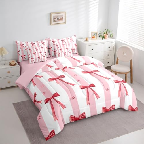 Image of Kawaii Bow Tie Full Size Bed Sheets and Comforter Set | Princess Bow 7-Piece Bedding Set Cute Ribbon Bowknot Bed in a Bag, Dreamy Pink Stripes Bed Sets
