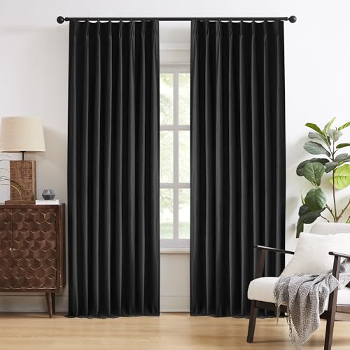 Black Linen Pinch Pleated Blackout Curtains & Drapes 95 Inch Long 2 Panel Sets, Accordion Style Track Room Darkening Thermal Insulated Curtains with Hooks Back Tab 50 by 95 Inch