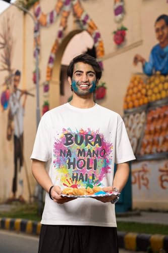 Image of TheYaYaCafe Holi Gifts Bura Na Mano Holi Hain Printed White Unisex T-Shirt - Dri-fit