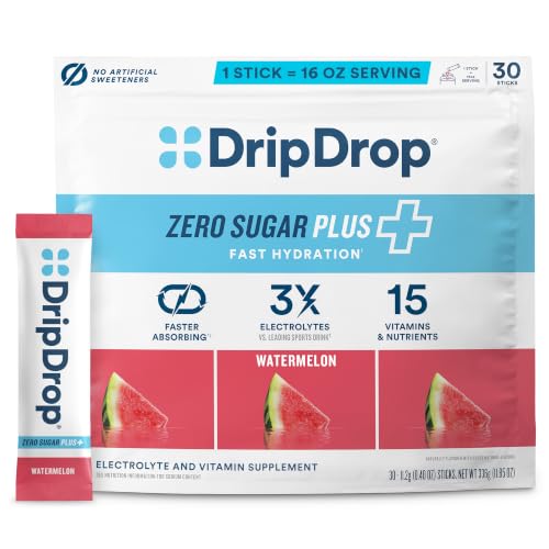 Image of DripDrop Hydration Zero Sugar Plus Electrolyte Packets, Watermelon, 30 Ct | Sugar Free, Single Serve Powder Drink Mix; 3X Electrolytes, 15 Vitamins & Nutrients; No Artificial Sweeteners, Low Calorie