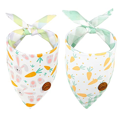 Crowned Beauty Easter Dog Bandanas Large 2 Pack, Bunnies Carrots Set, Eggs Plaid Adjustable Triangle Holiday Reversible Scarves for Medium Large Extra Large Dogs Pets